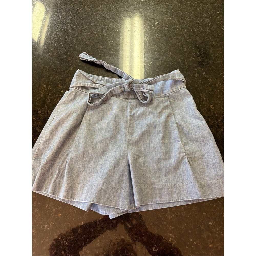 J Crew Chambray Tie Waist Shorts Women's Sz 2 Pleats Darts Flat Waist Side Zip